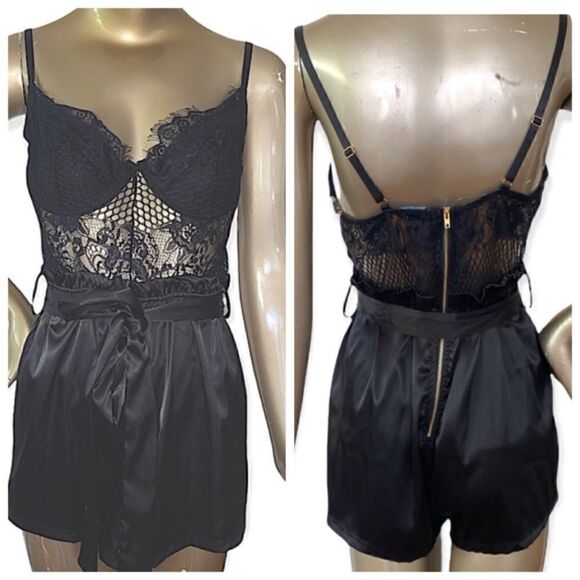 Beautiful black satin & lace lingerie inspired romper. Size M. Back zip - Picture 1 of 6